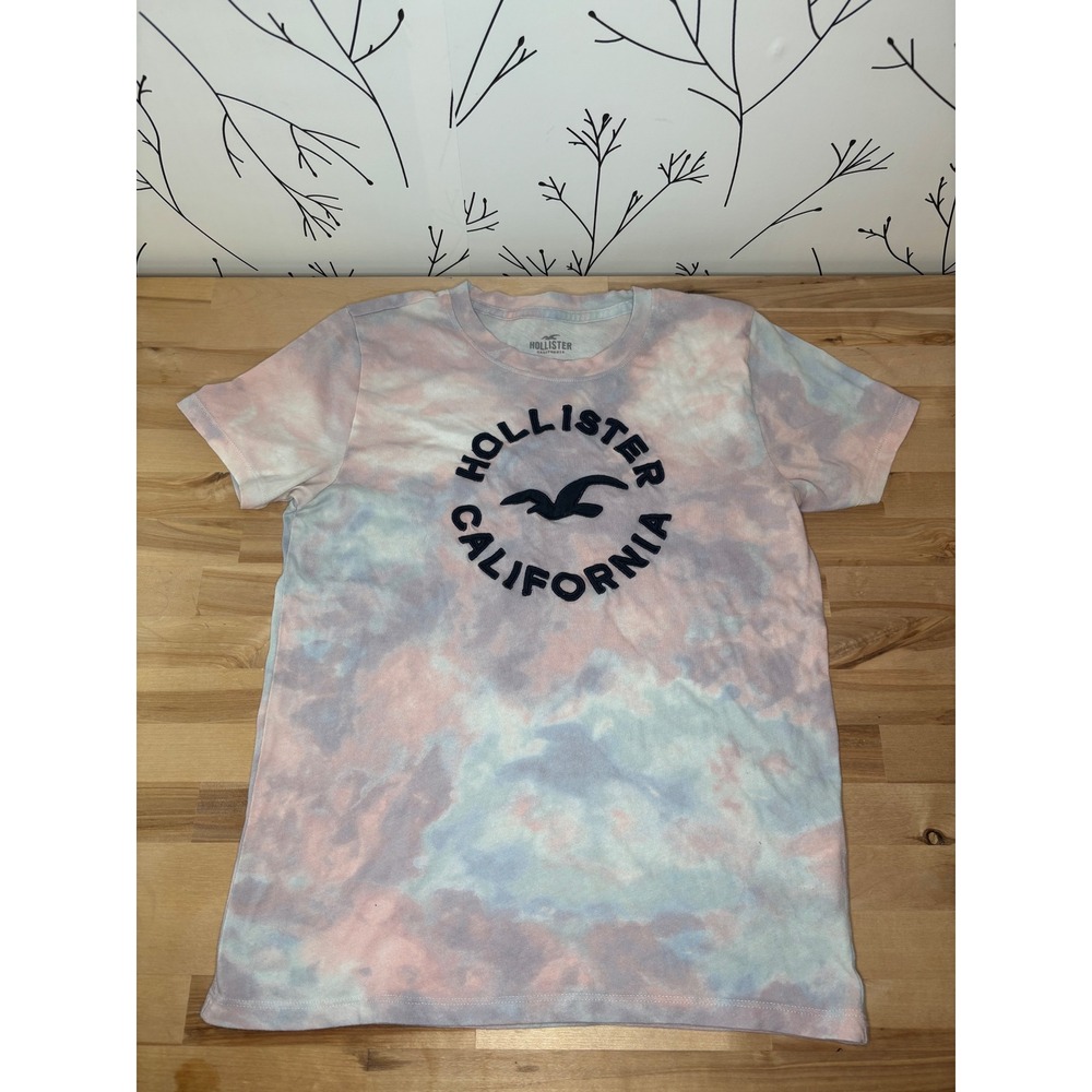 Hollister California Tie Dye Graphic T-Shirt Pastel Pink Blue Womens S